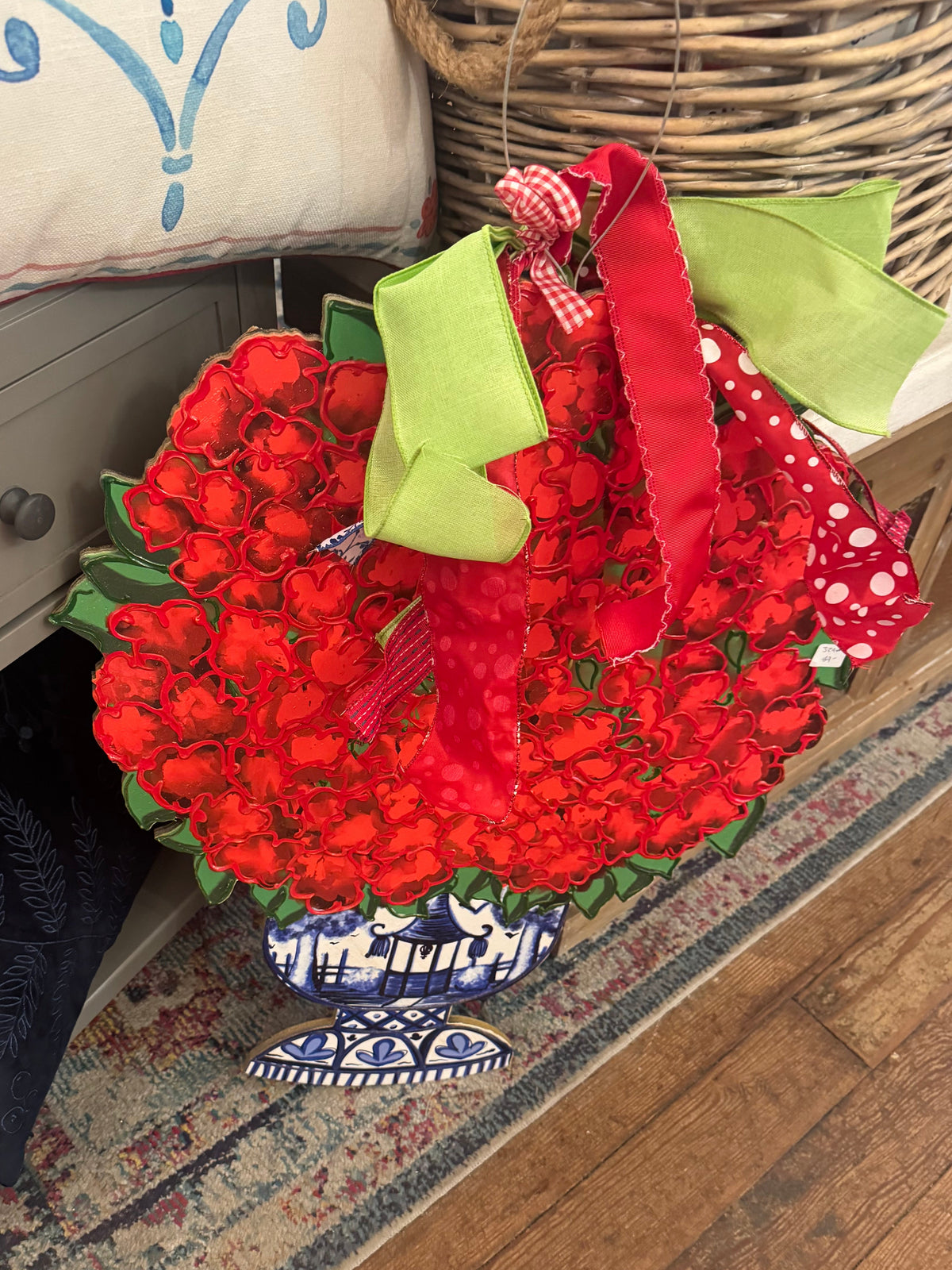 Blue Chinoiserie Red Flower Door Hanger