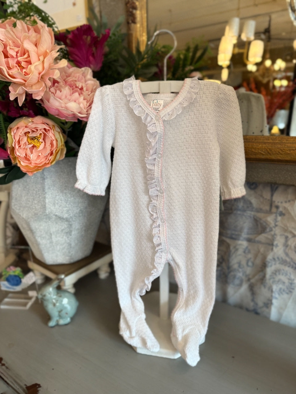 White + Pink Footie with Lace
