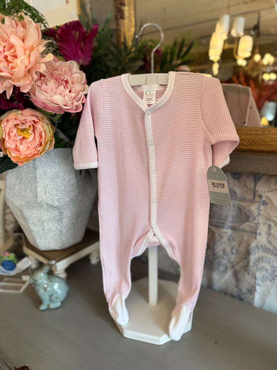 Pink Stripe with White Button Line Footie
