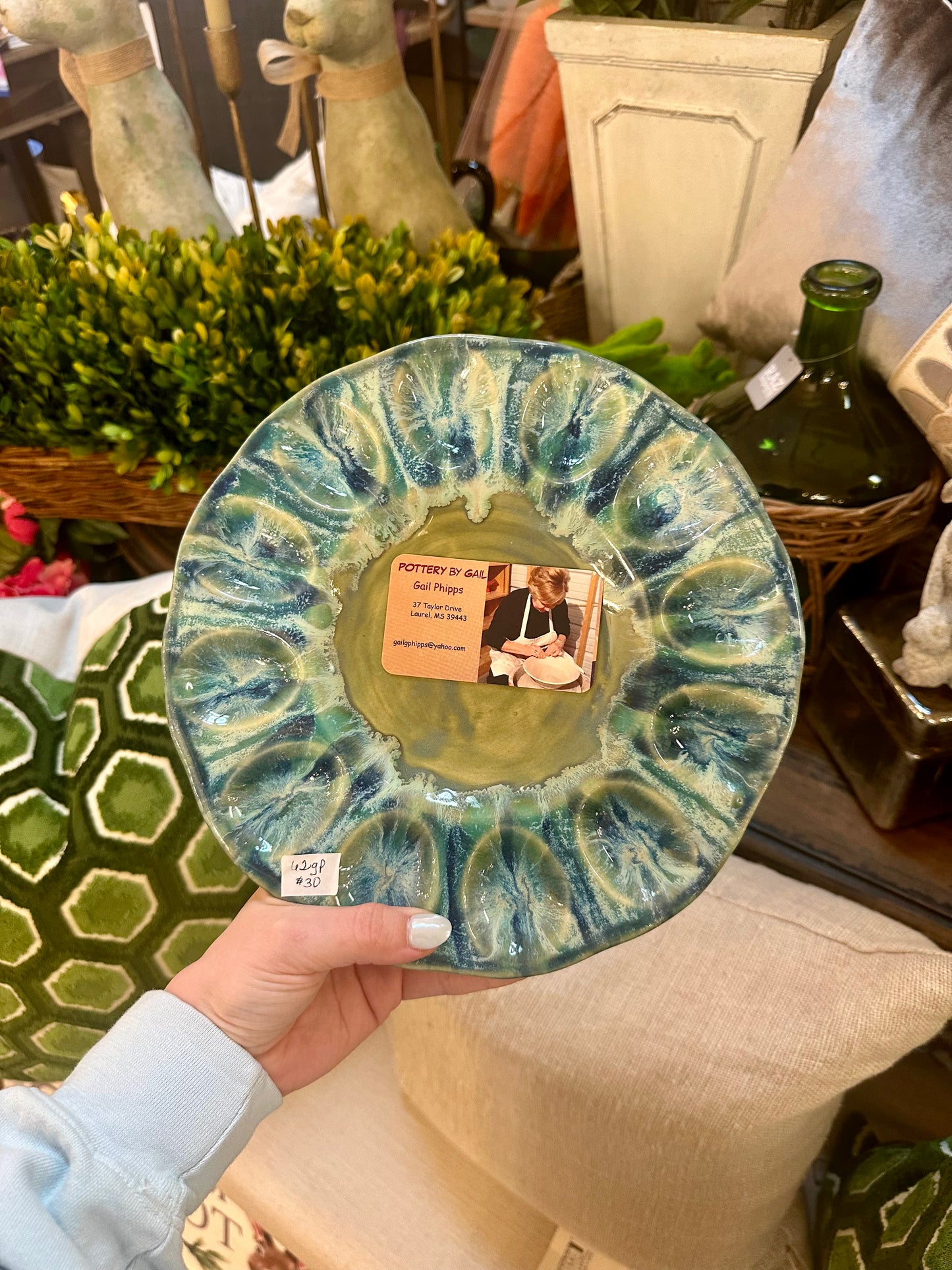 Bright Blue/Green Pottery Egg Plate