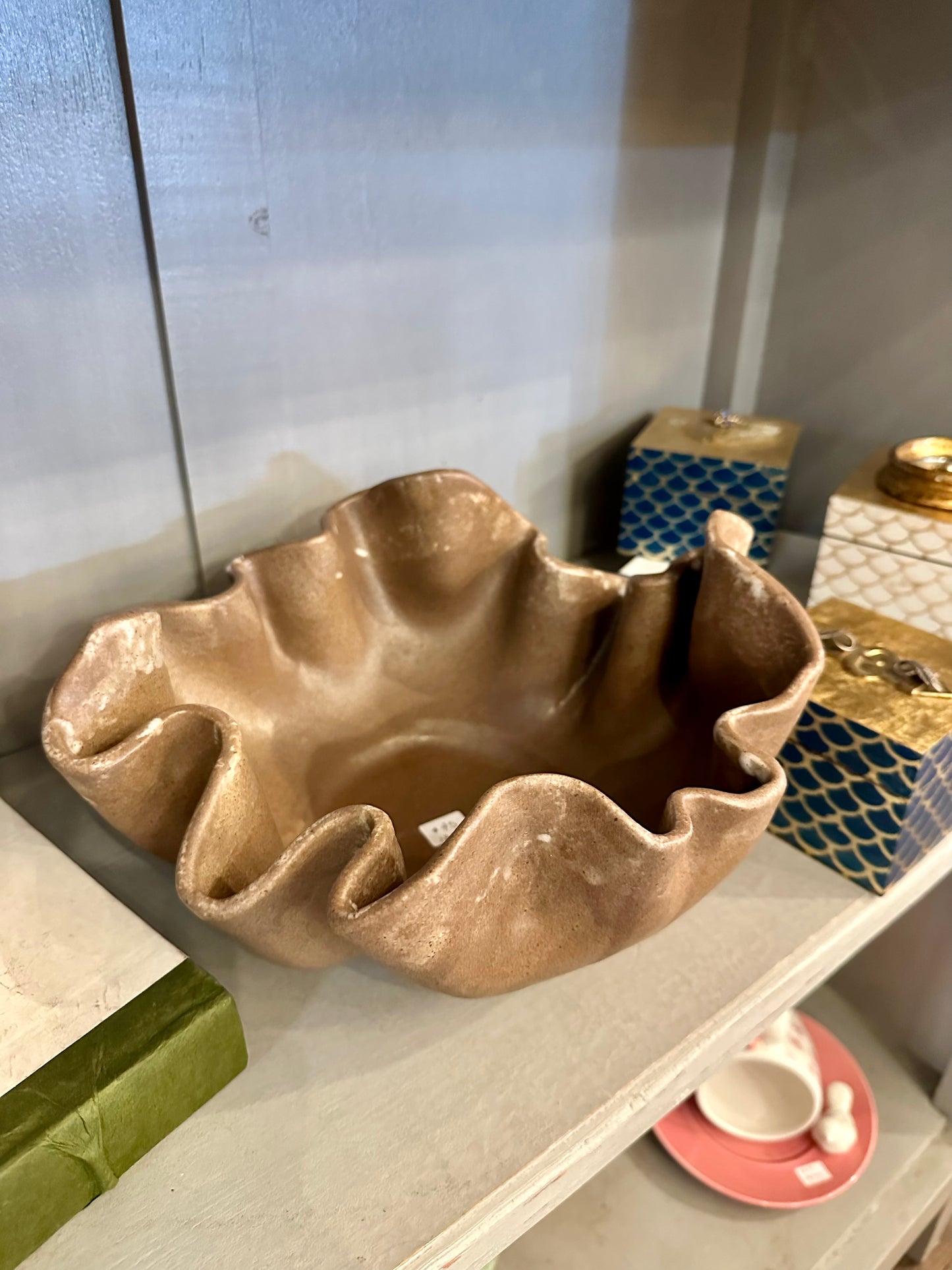 Large Ruffle Pottery Bowl: Brown or White