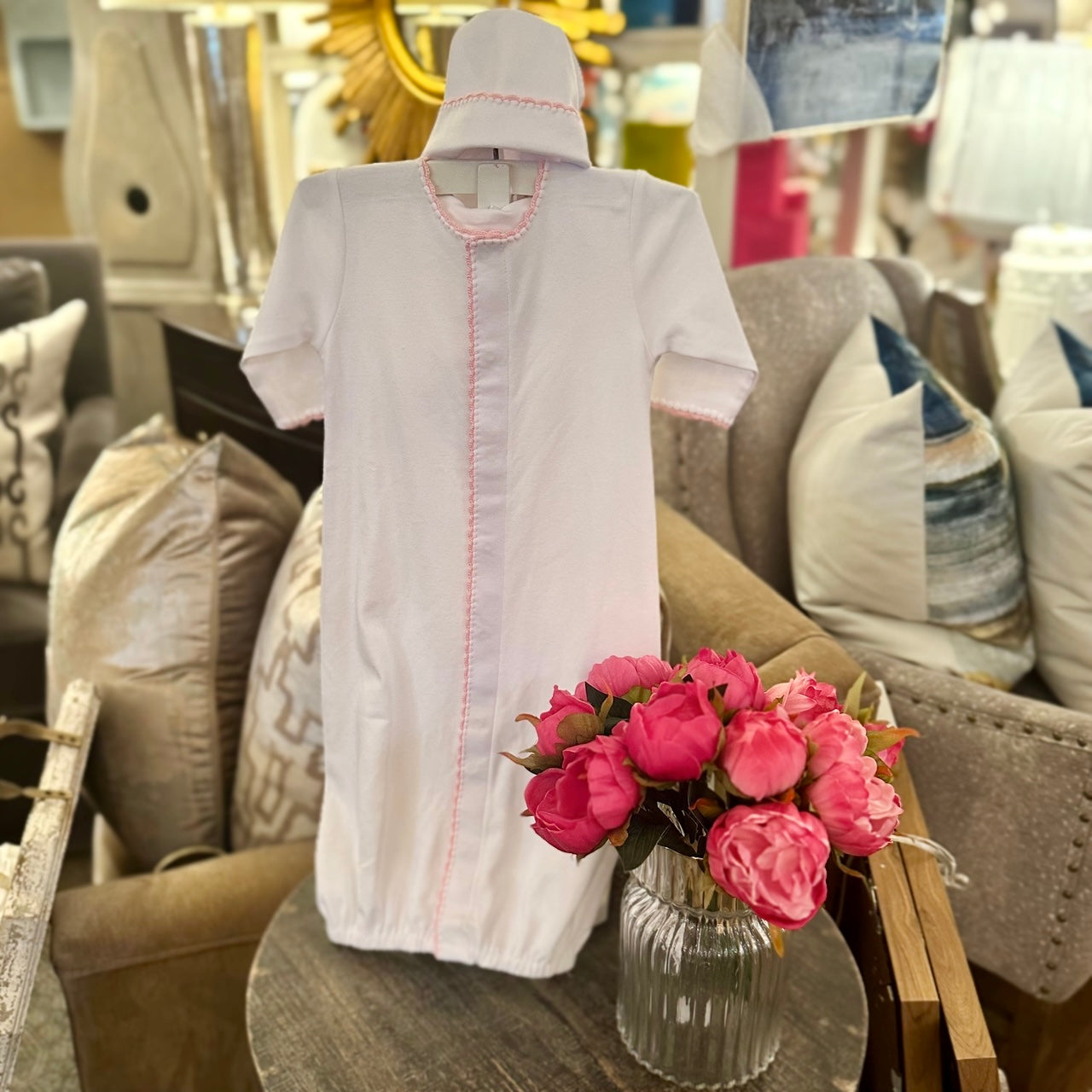 White Gown Set with Pink Edge Stitching - Size SM