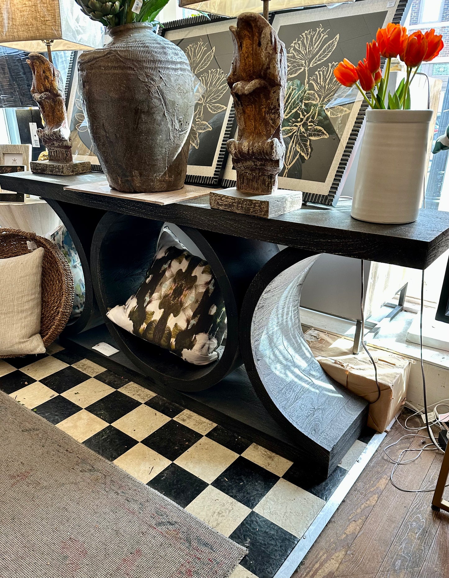 Black Console Table w/ Black Circles Underneath