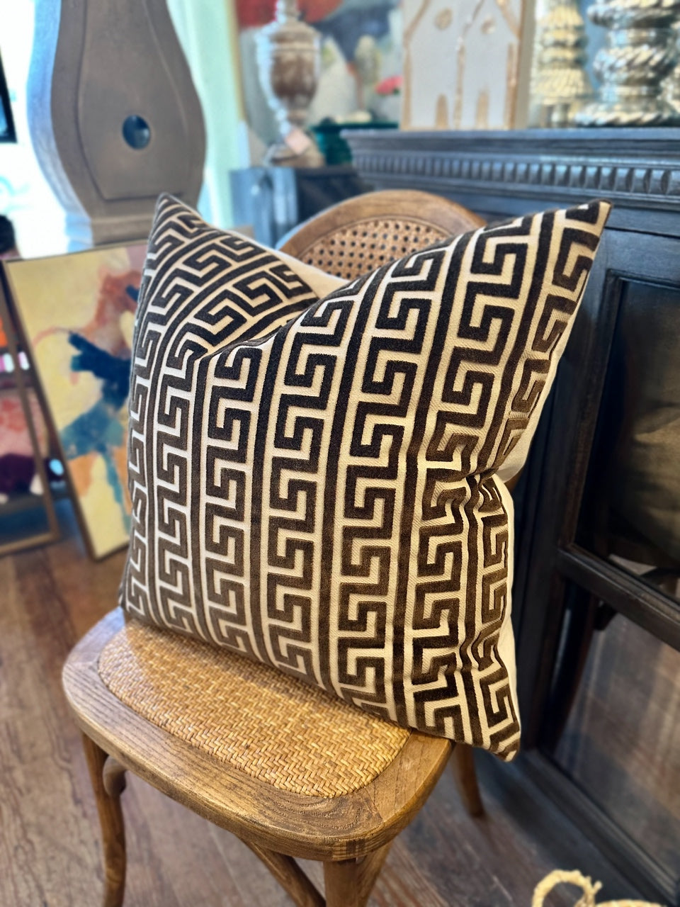 Brown Velvet Greek Key Pillow