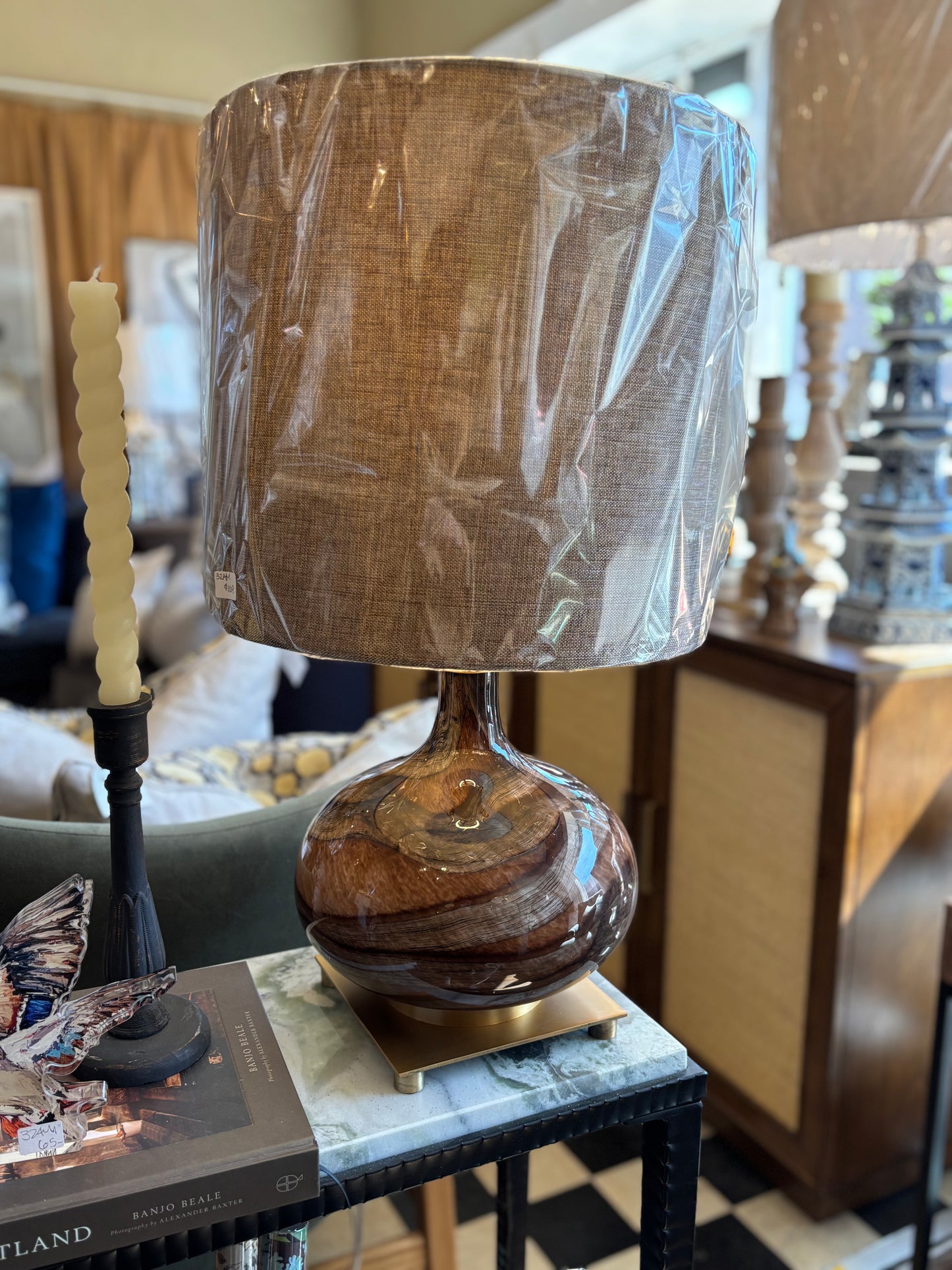 Brown Glass Lamp w/ Linen Shade