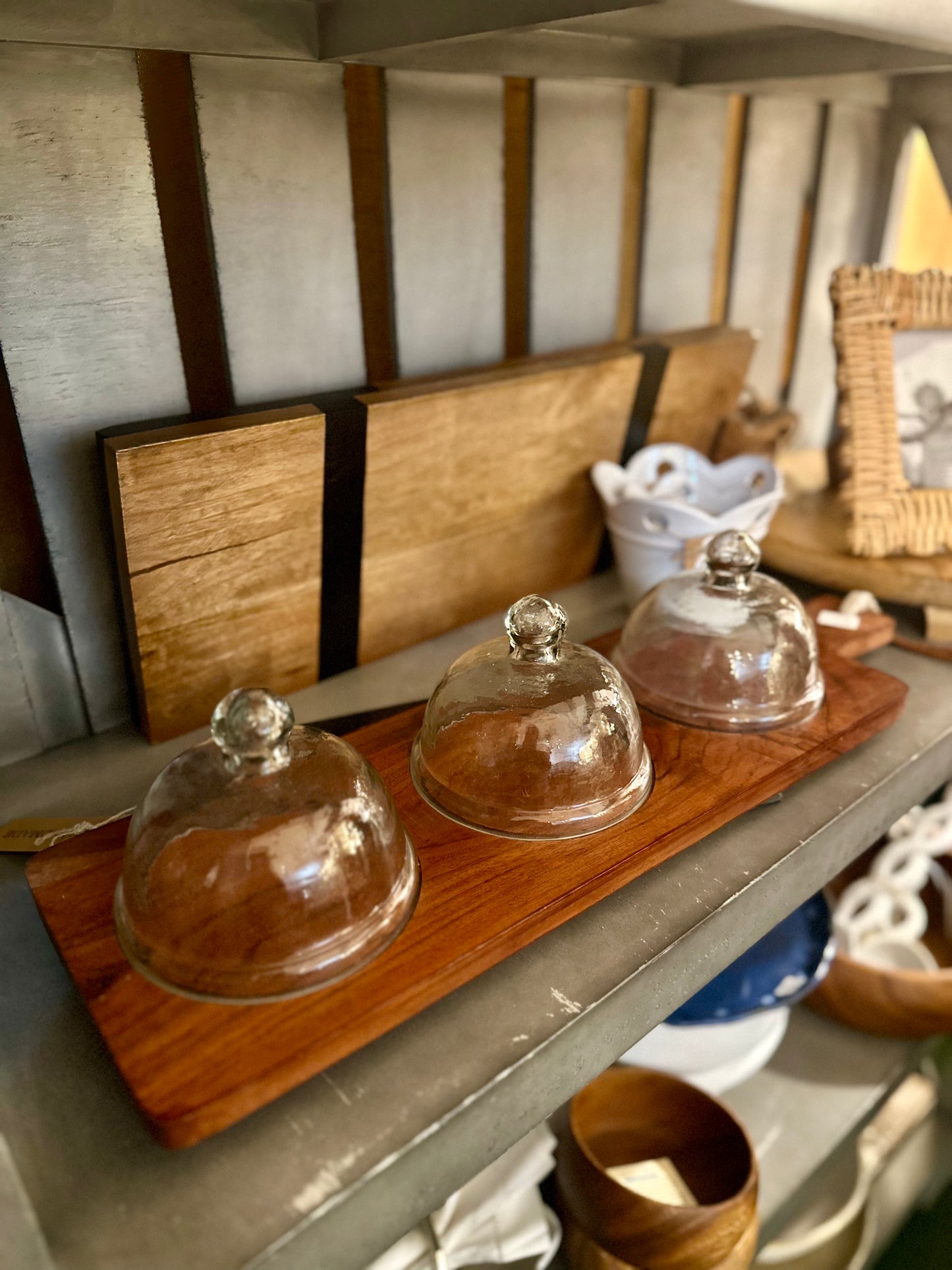 Wooden Platter w/ Clear Glass Domes