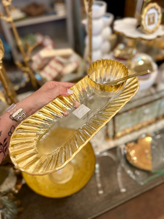 Oval Gold Ribbed Tray w/ Bowl and Knife