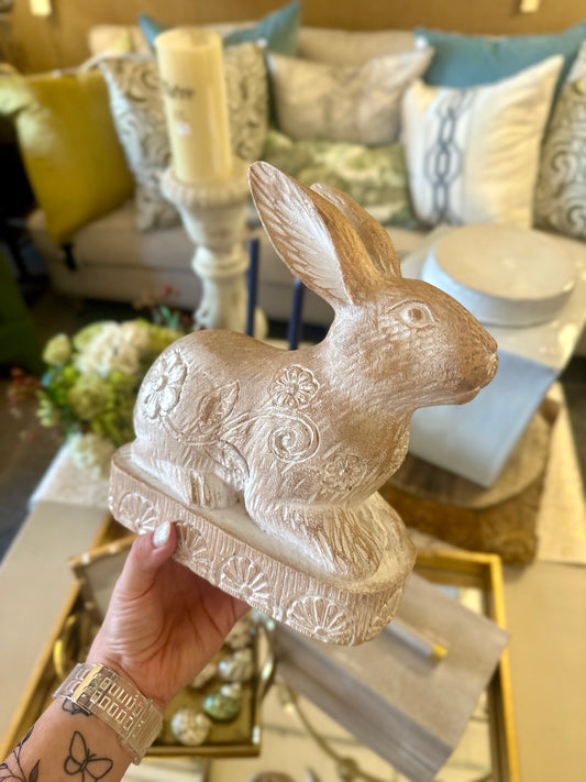 Floral Carved Wooden Bunny