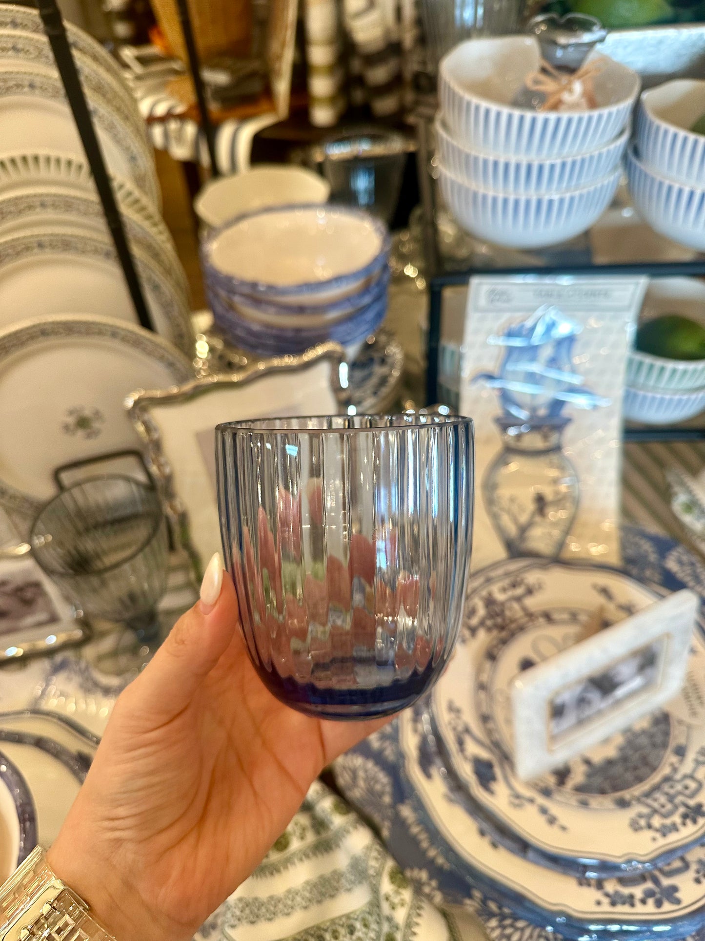 Blue Ribbed Stemless Glass