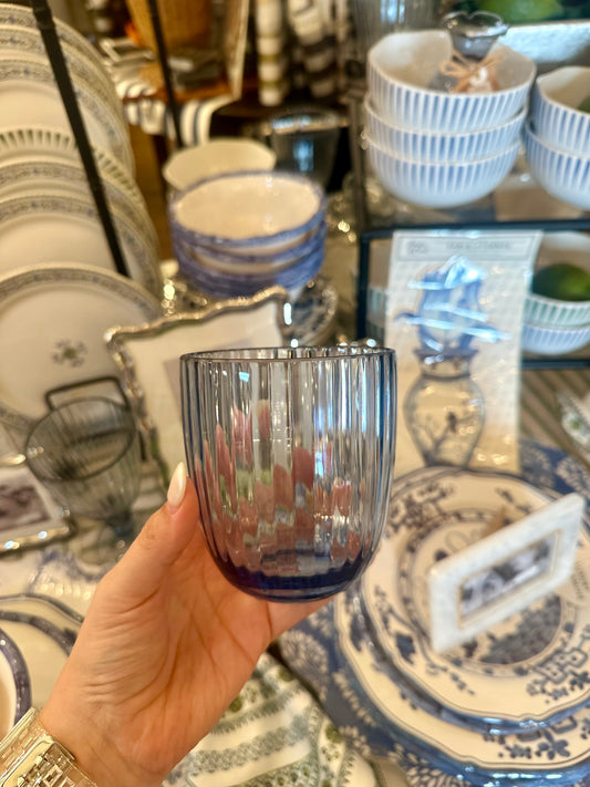 Blue Ribbed Stemless Glass