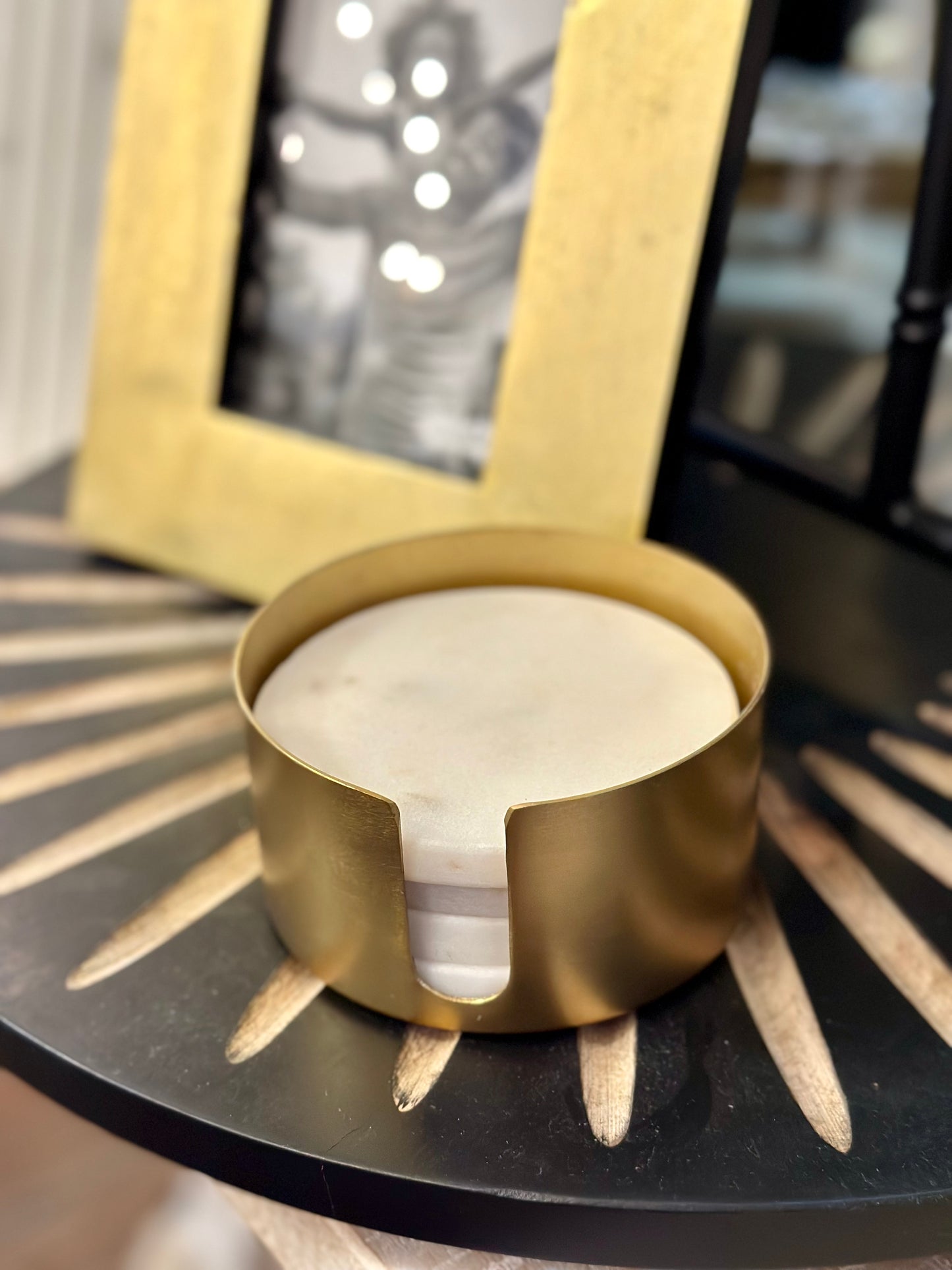 White Marble Coasters in Gold Holder