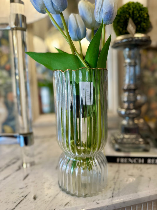 Ribbed Clear Vase w/ Gold Rim