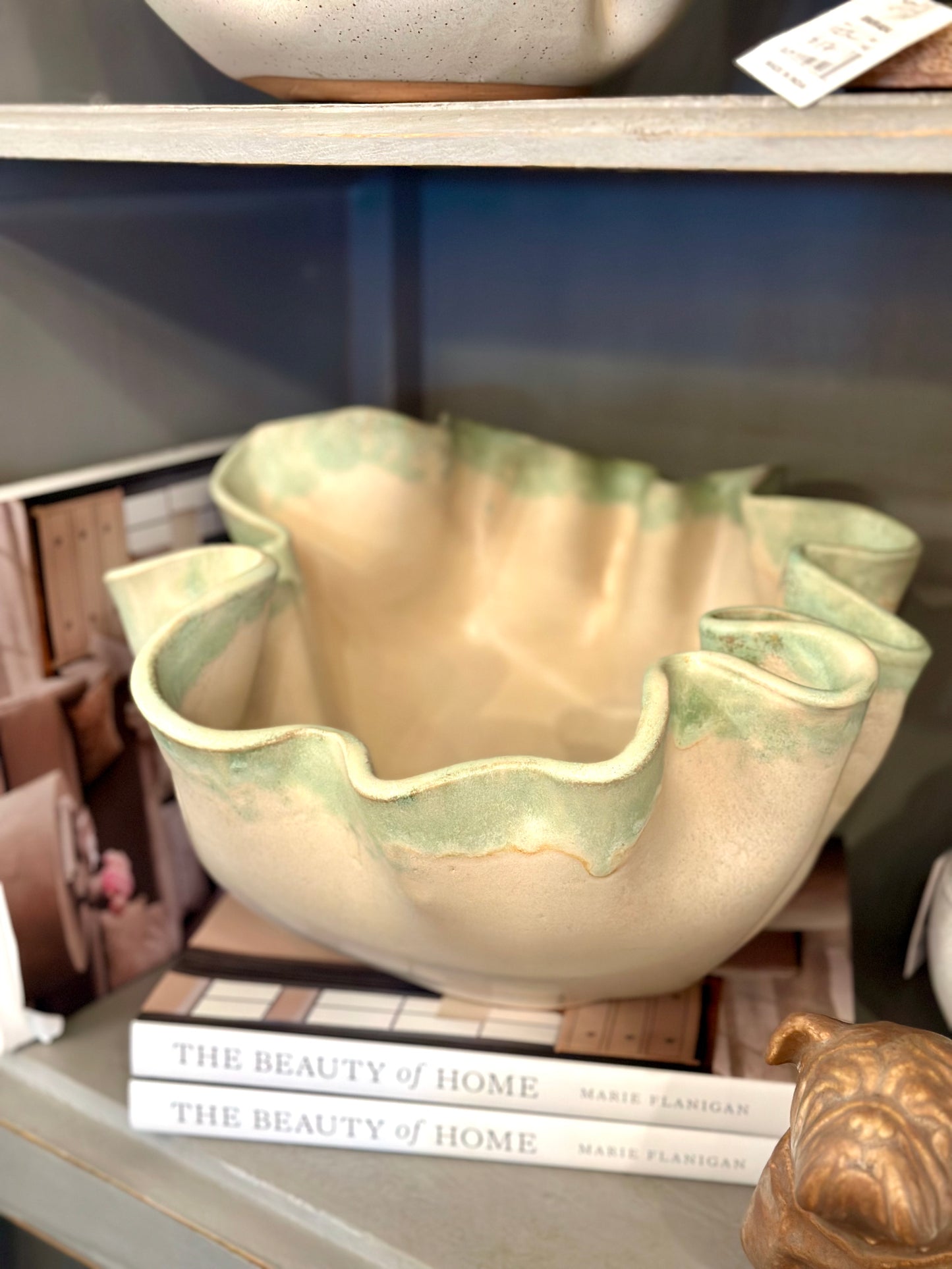 Pottery Ruffle Bowl - Cream with Green/Blue Top