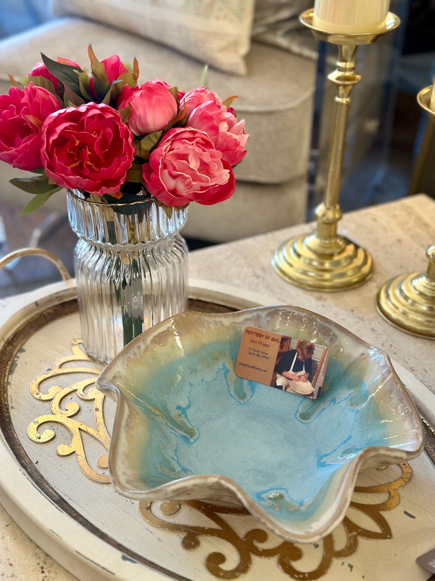 Blue/Tan Wavy Pottery Bowl