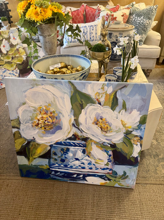 Blue + White Floral Canvas Painting