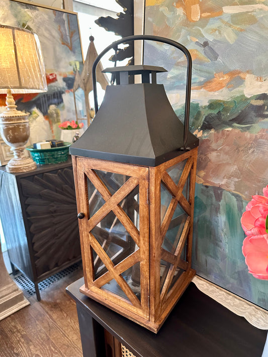 Large Wooden Lantern w Black Top